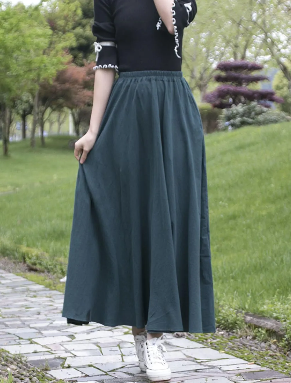 Women Cotton/Linen Skirt Summer Quality Elastic Waist Long Maxi Retro Vogue Casual Bottom with Pockets
