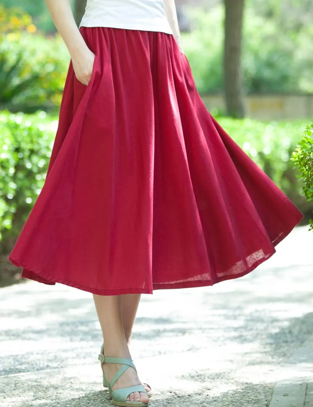 Women Cotton/Linen Skirt Summer Quality Elastic Waist Long Maxi Retro Vogue Casual Bottom with Pockets