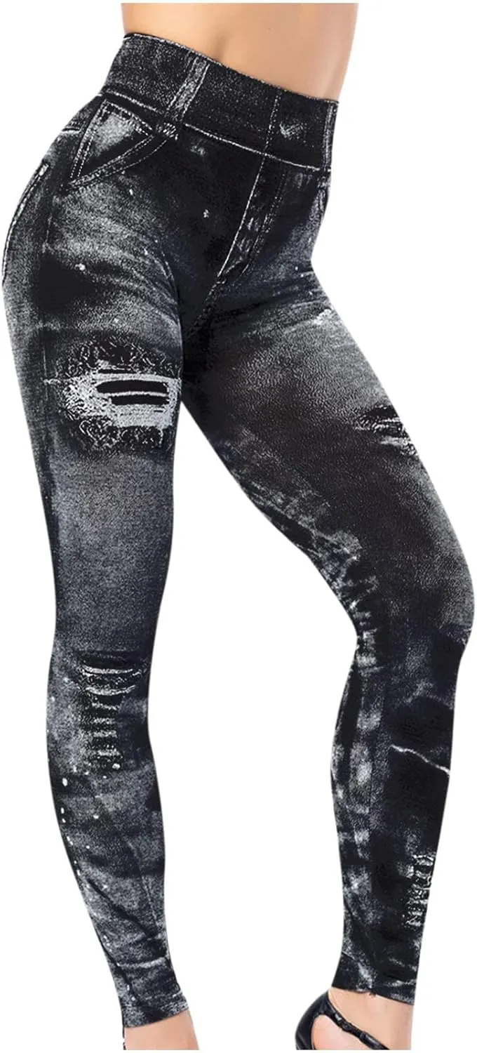 Women Denim Print Leggings Fake Jeans Seamless Full Length Tights High Waist Jeggings Workout Sport Yoga Pants