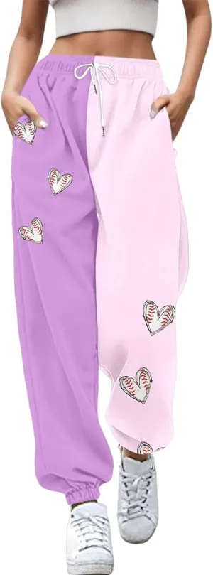 Women Fashion Trousers Suitable Baseball Football Print Bottom Sweatpants Pockets High Waist Sporty Gym Athletic