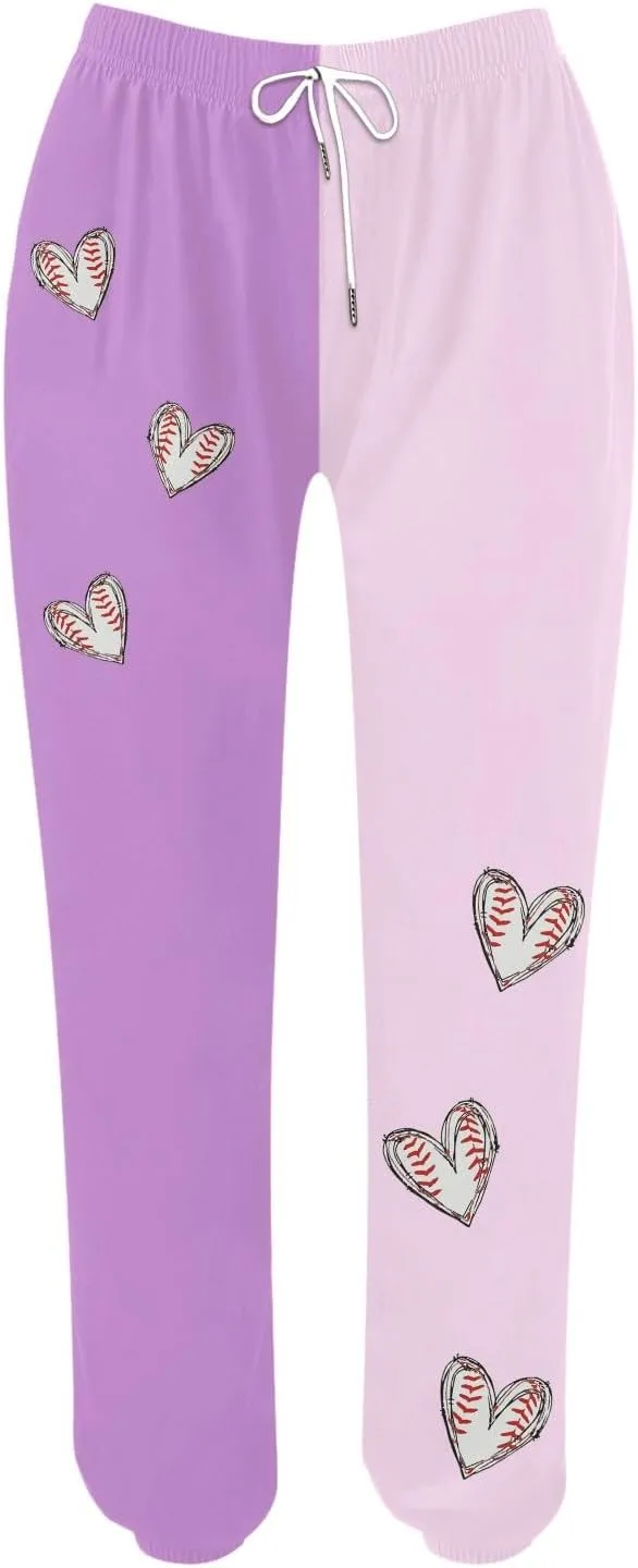 Women Fashion Trousers Suitable Baseball Football Print Bottom Sweatpants Pockets High Waist Sporty Gym Athletic
