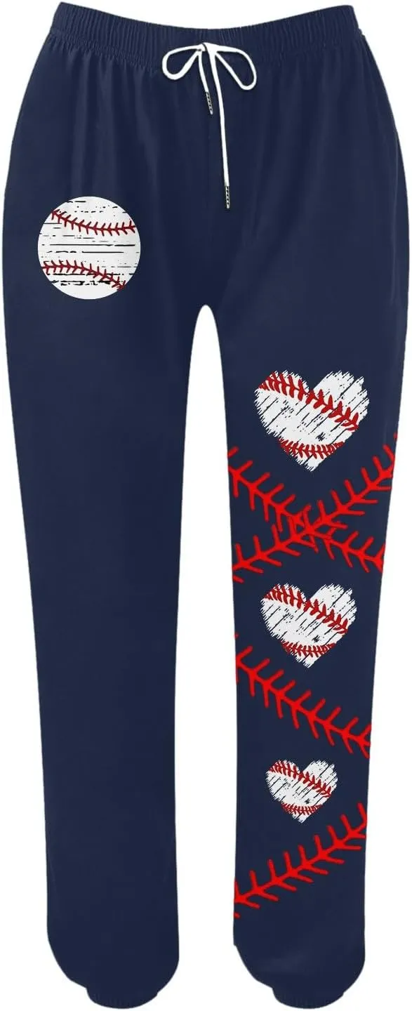 Women Fashion Trousers Suitable Baseball Football Print Bottom Sweatpants Pockets High Waist Sporty Gym Athletic