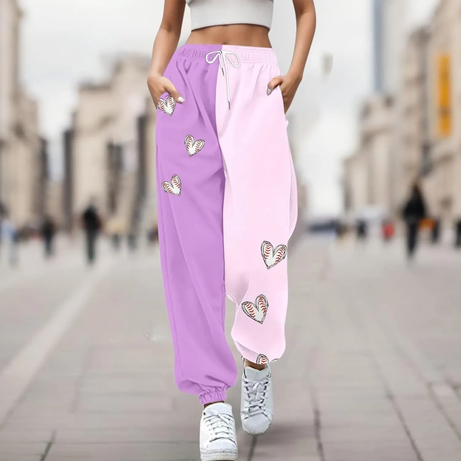 Women Fashion Trousers Suitable Baseball Football Print Bottom Sweatpants Pockets High Waist Sporty Gym Athletic