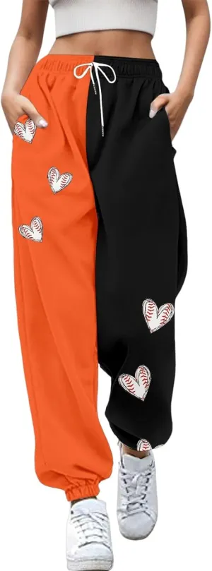 Women Fashion Trousers Suitable Baseball Football Print Bottom Sweatpants Pockets High Waist Sporty Gym Athletic