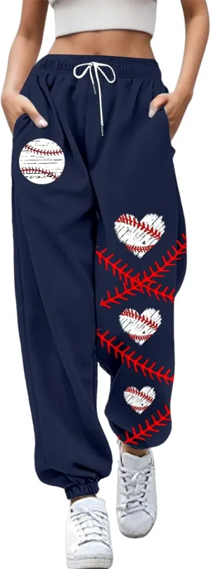 Women Fashion Trousers Suitable Baseball Football Print Bottom Sweatpants Pockets High Waist Sporty Gym Athletic