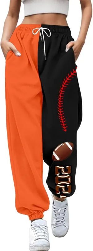Women Fashion Trousers Suitable Baseball Football Print Bottom Sweatpants Pockets High Waist Sporty Gym Athletic