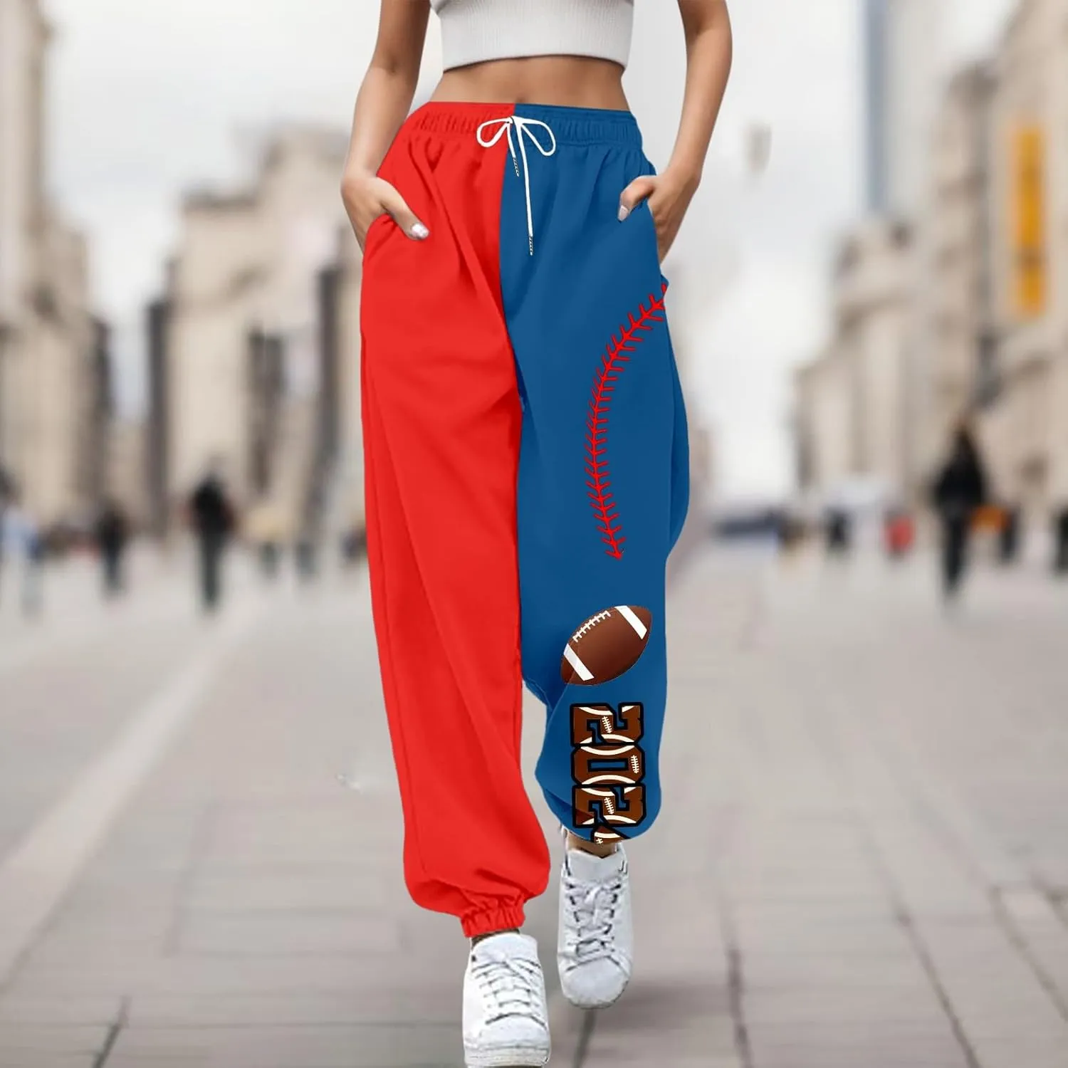 Women Fashion Trousers Suitable Baseball Football Print Bottom Sweatpants Pockets High Waist Sporty Gym Athletic
