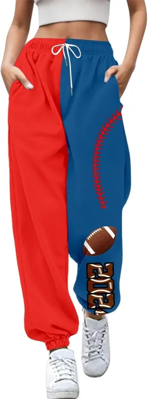 Women Fashion Trousers Suitable Baseball Football Print Bottom Sweatpants Pockets High Waist Sporty Gym Athletic