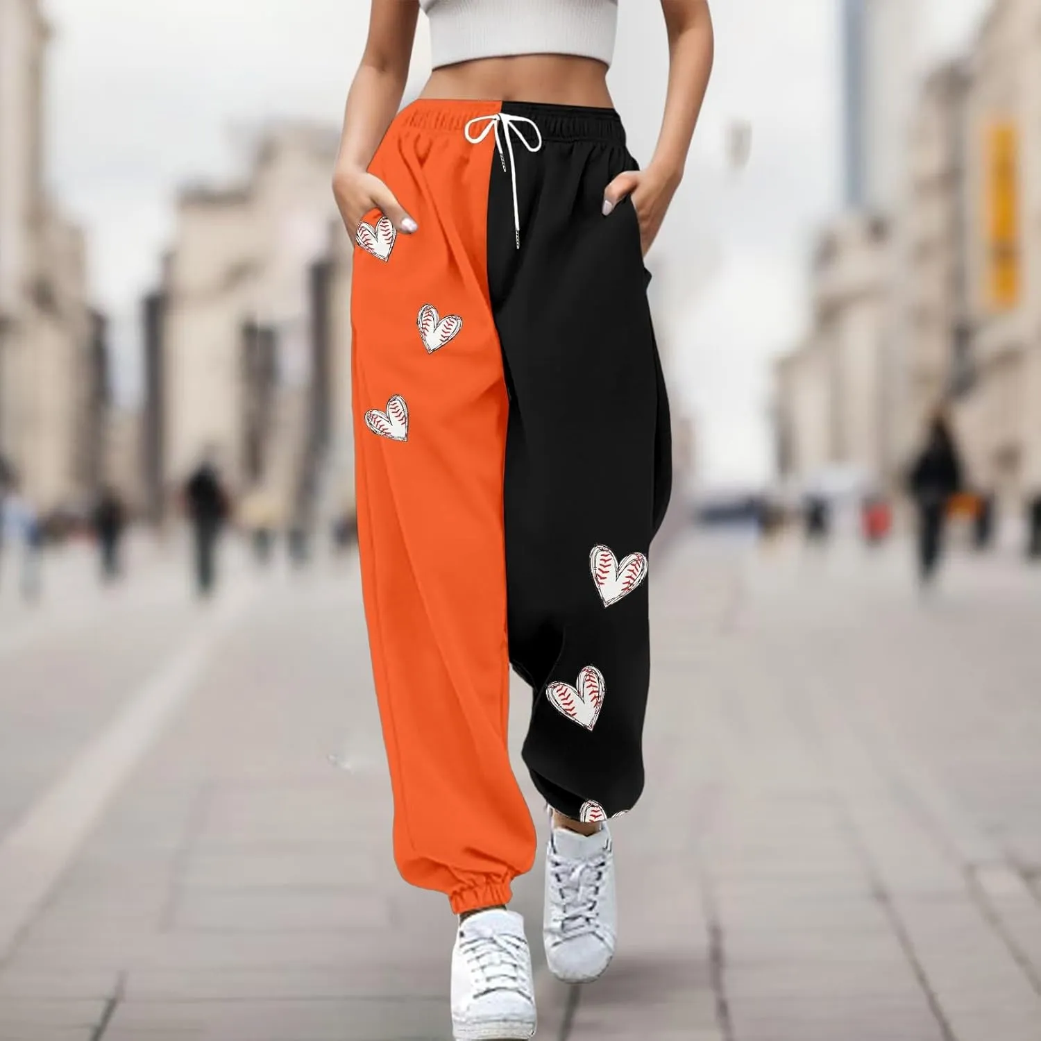 Women Fashion Trousers Suitable Baseball Football Print Bottom Sweatpants Pockets High Waist Sporty Gym Athletic