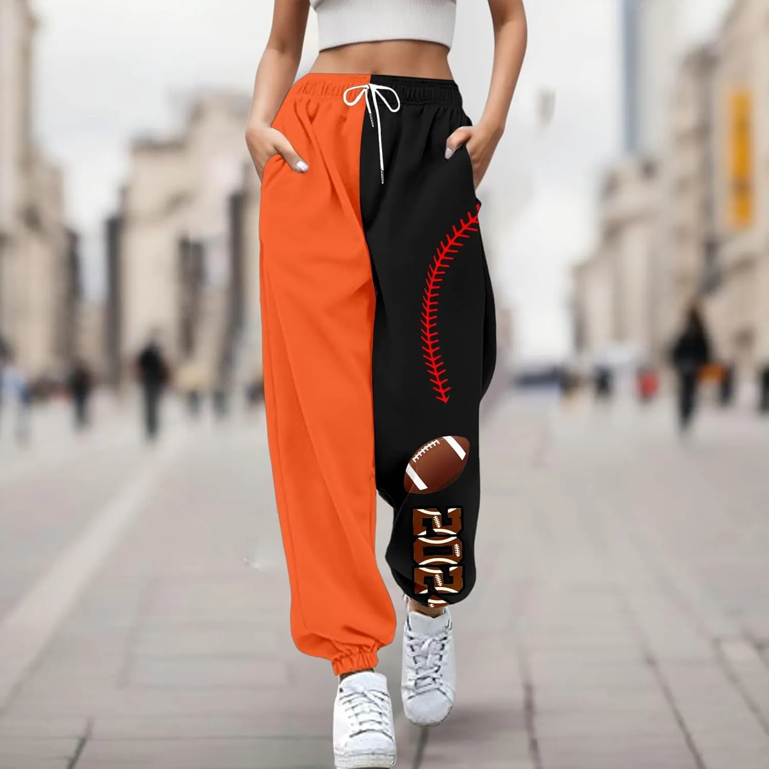 Women Fashion Trousers Suitable Baseball Football Print Bottom Sweatpants Pockets High Waist Sporty Gym Athletic