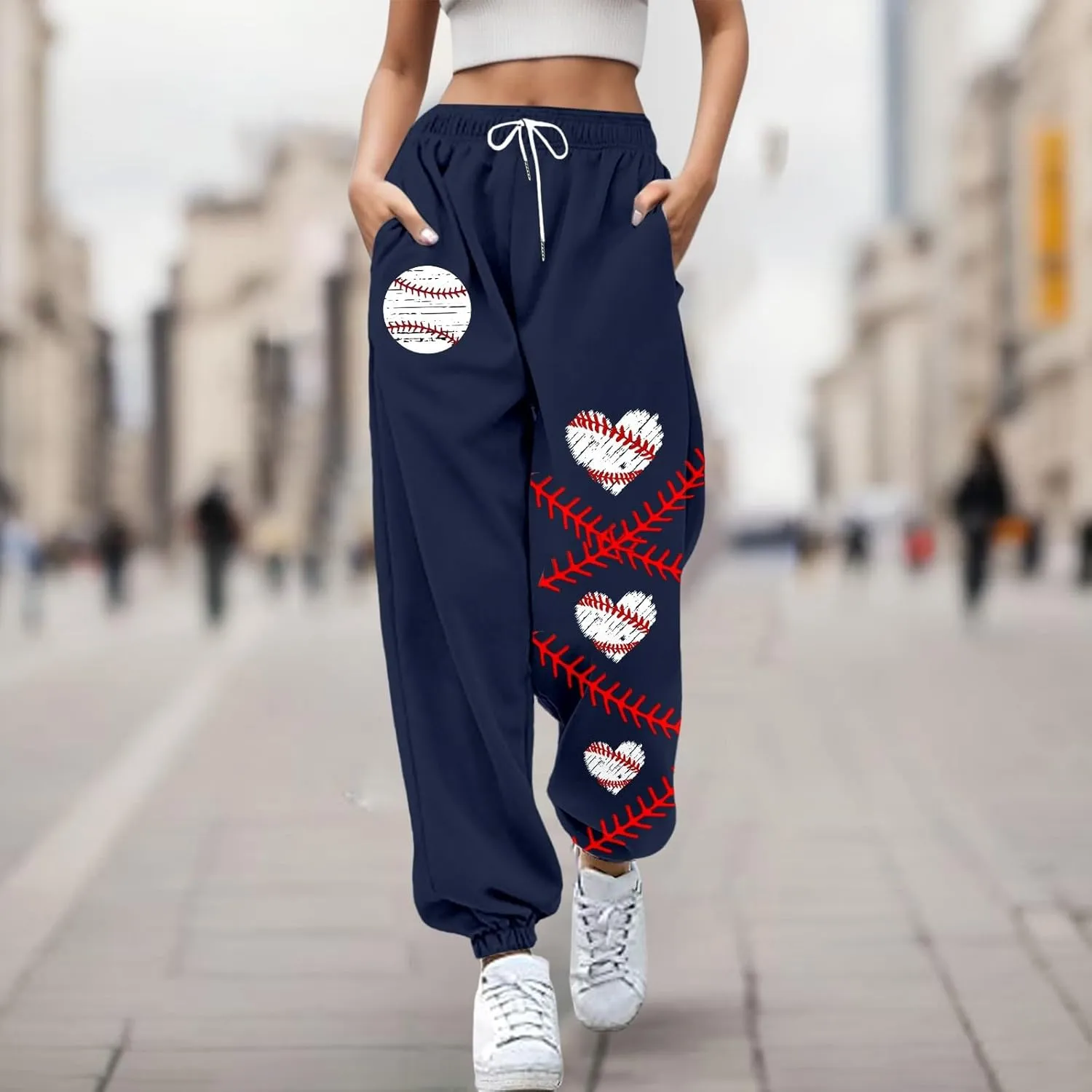 Women Fashion Trousers Suitable Baseball Football Print Bottom Sweatpants Pockets High Waist Sporty Gym Athletic