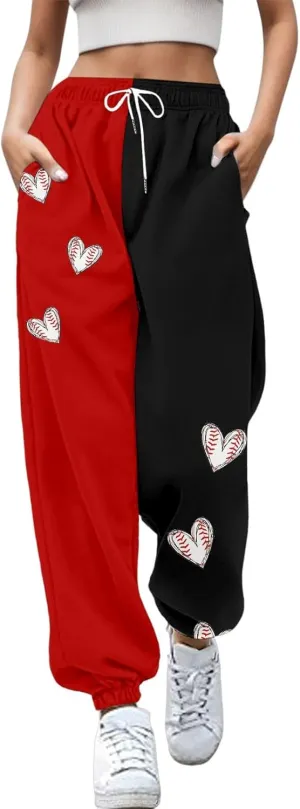 Women Fashion Trousers Suitable Baseball Football Print Bottom Sweatpants Pockets High Waist Sporty Gym Athletic