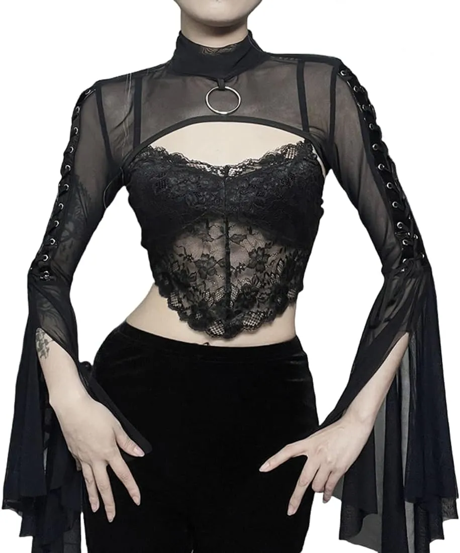 Women Goth Crop Tops Gothic Punk Fishnet Cover Up Bell Sleeve Shawl Mesh Bolero Shrug Cardigan