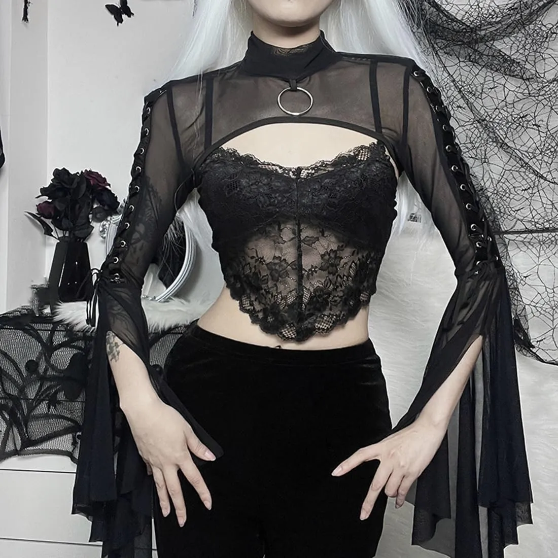 Women Goth Crop Tops Gothic Punk Fishnet Cover Up Bell Sleeve Shawl Mesh Bolero Shrug Cardigan