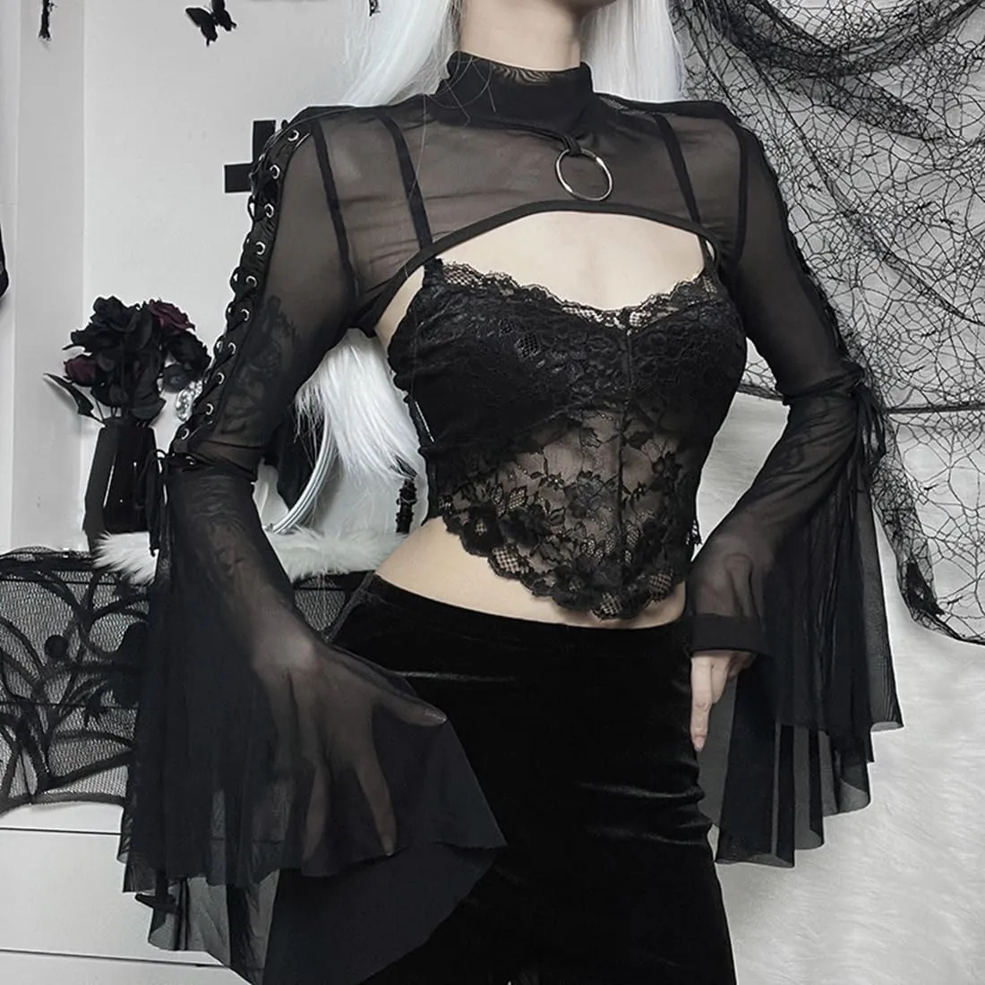 Women Goth Crop Tops Gothic Punk Fishnet Cover Up Bell Sleeve Shawl Mesh Bolero Shrug Cardigan