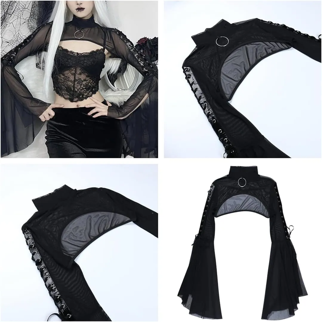 Women Goth Crop Tops Gothic Punk Fishnet Cover Up Bell Sleeve Shawl Mesh Bolero Shrug Cardigan