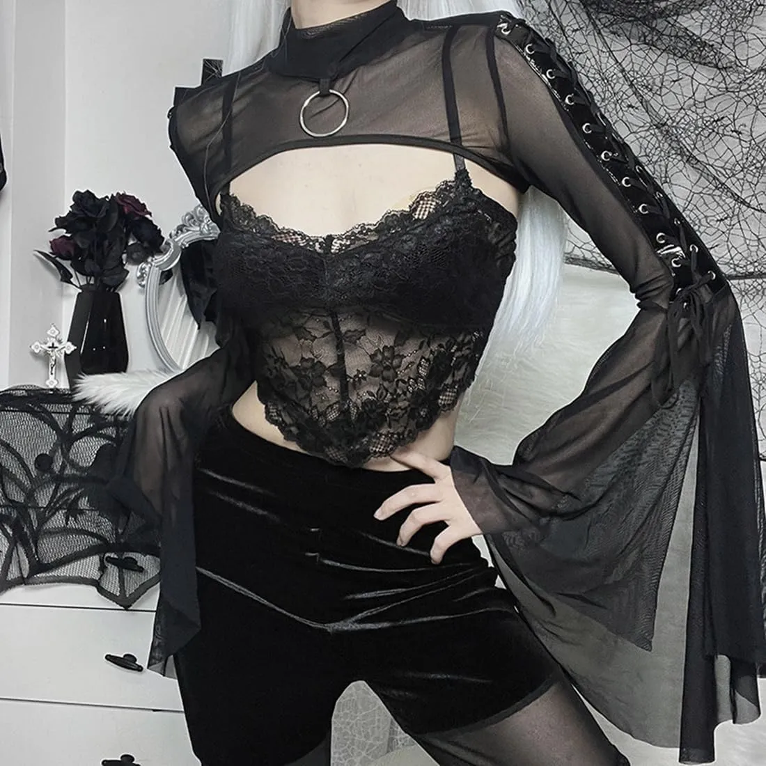 Women Goth Crop Tops Gothic Punk Fishnet Cover Up Bell Sleeve Shawl Mesh Bolero Shrug Cardigan