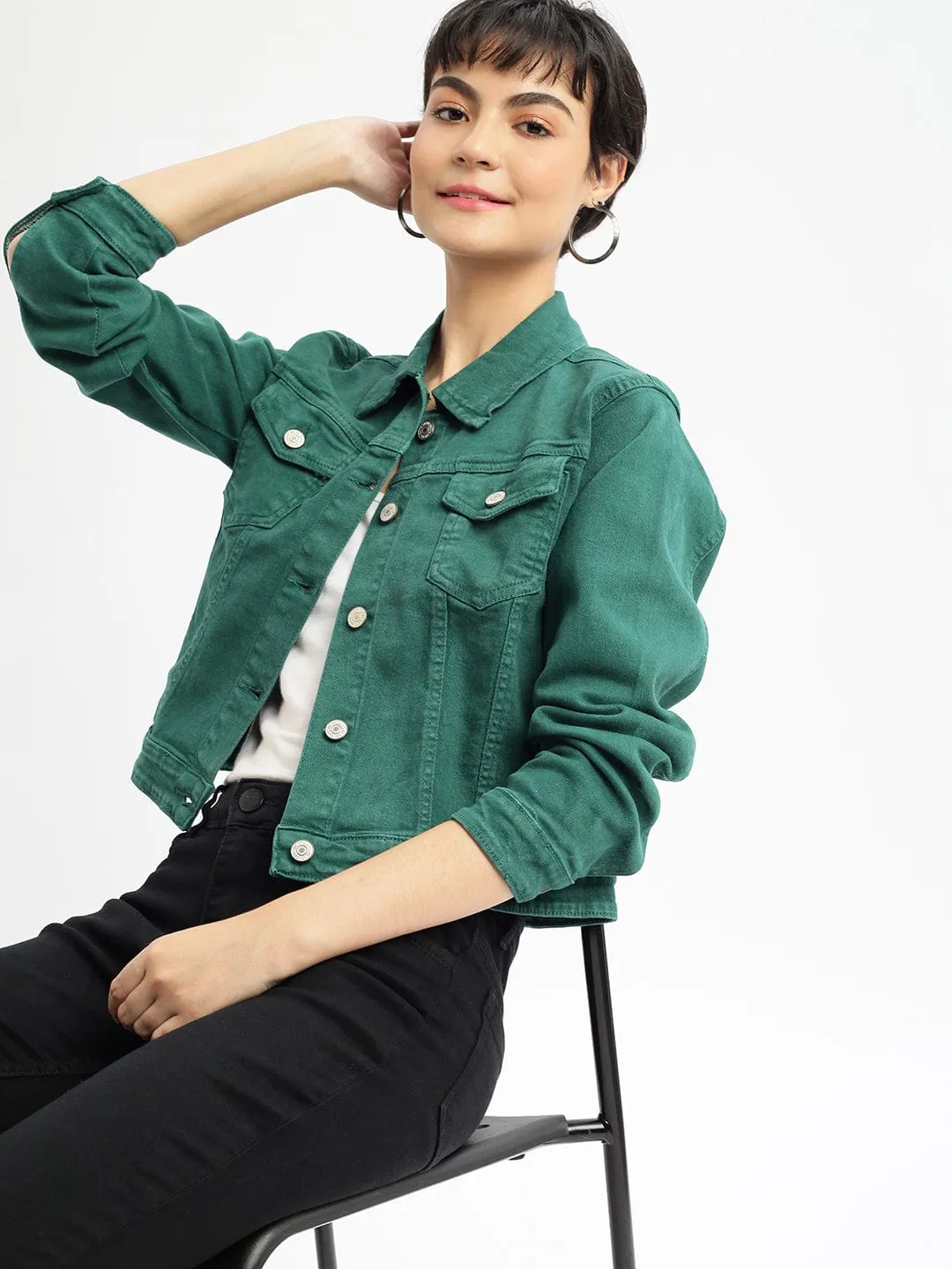 Women Green Washed Windcheater Crop Denim Jacket