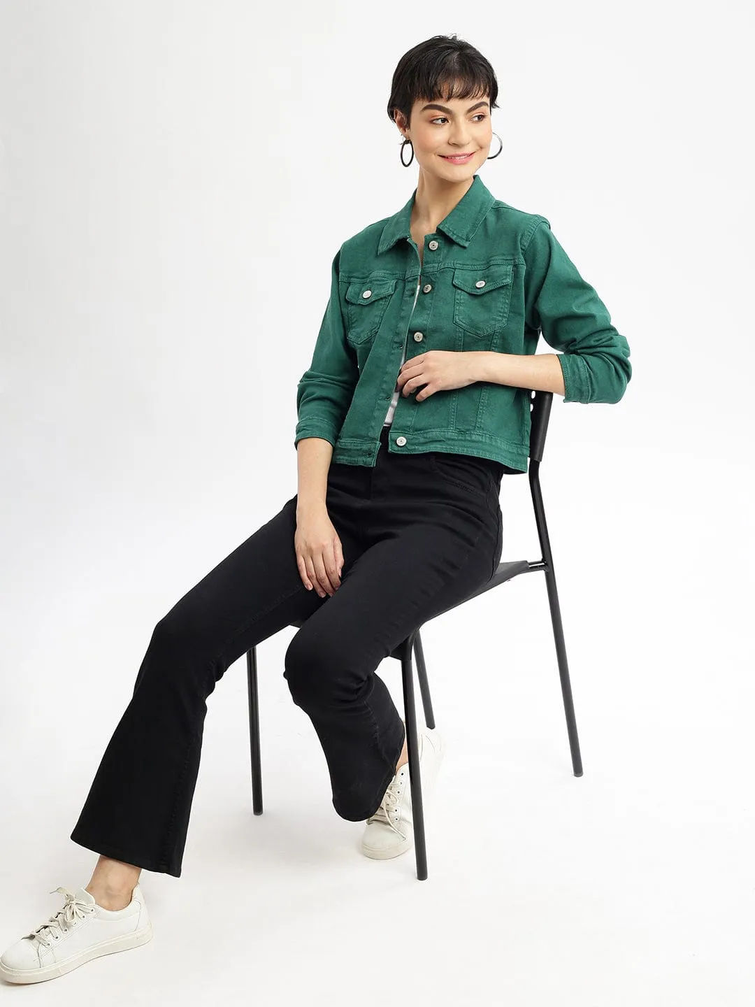 Women Green Washed Windcheater Crop Denim Jacket