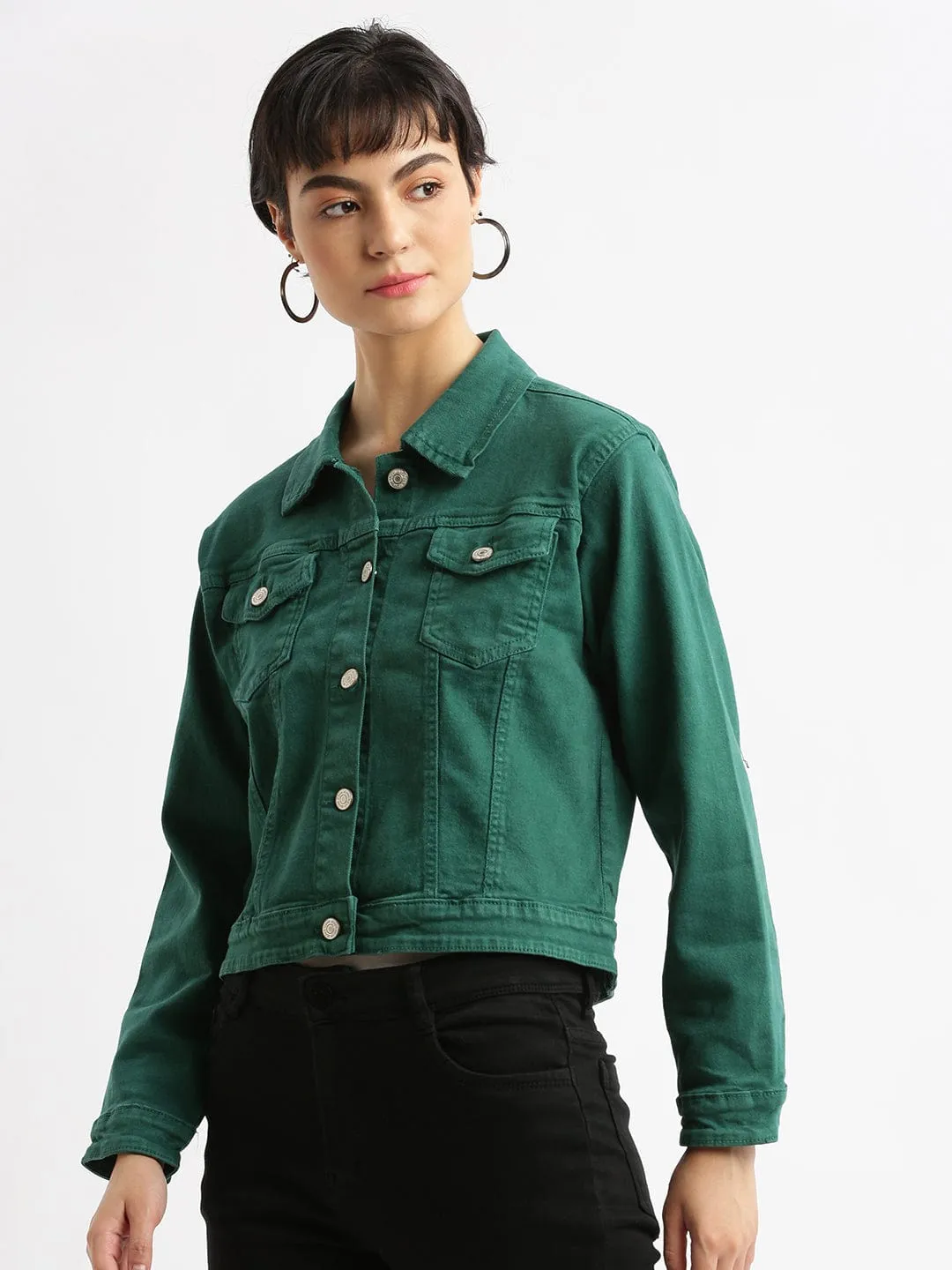 Women Green Washed Windcheater Crop Denim Jacket