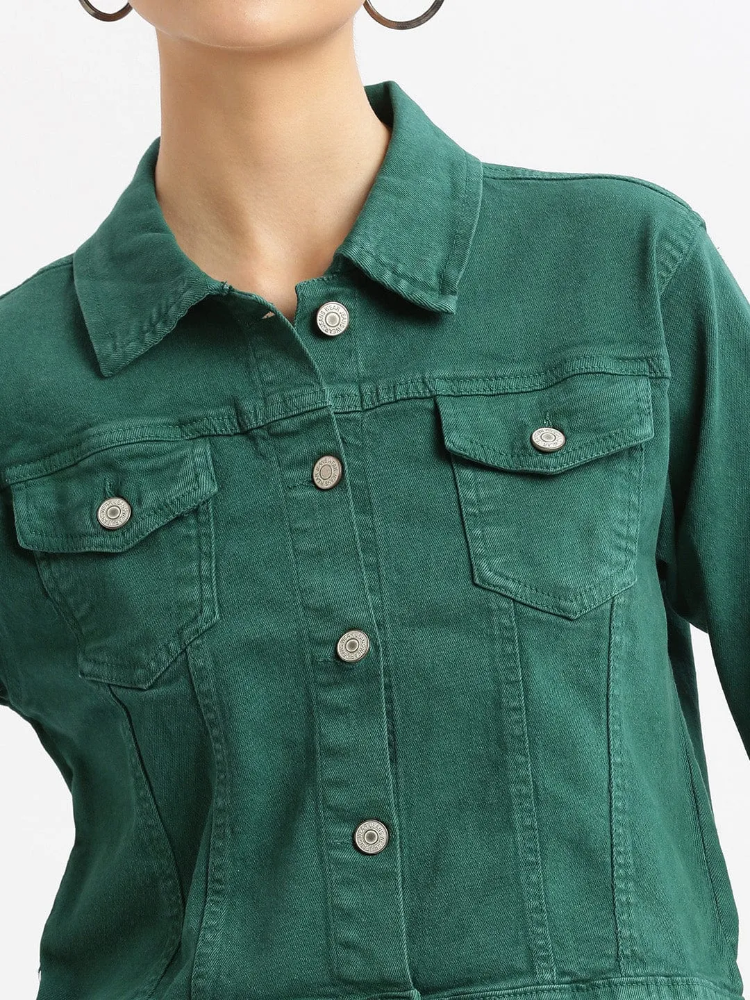 Women Green Washed Windcheater Crop Denim Jacket
