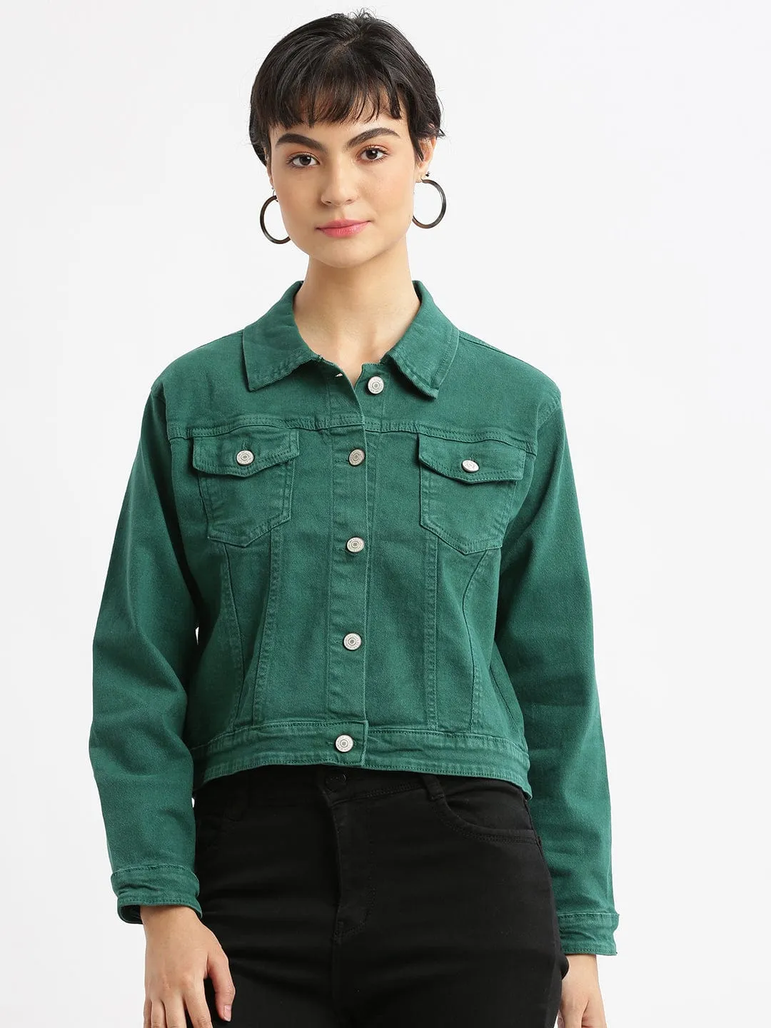 Women Green Washed Windcheater Crop Denim Jacket