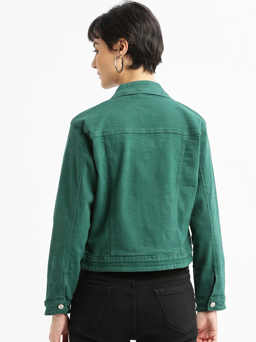 Women Green Washed Windcheater Crop Denim Jacket