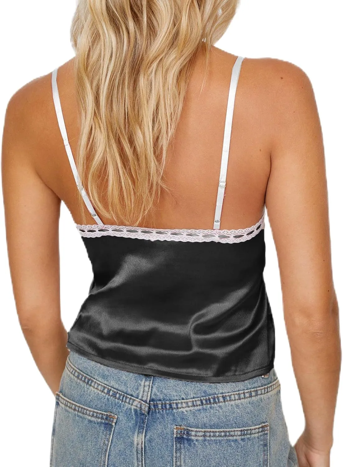 Women Lace Trim Satin Camisoles Y2K Sleeveless V Neck Crop Top Sexy Spaghetti Strap Fairy Cami Shirt Going Out Tank
