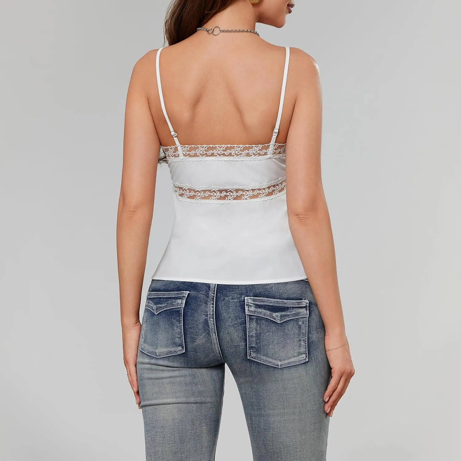 Women Lace Trim Satin Camisoles Y2K Sleeveless V Neck Crop Top Sexy Spaghetti Strap Fairy Cami Shirt Going Out Tank