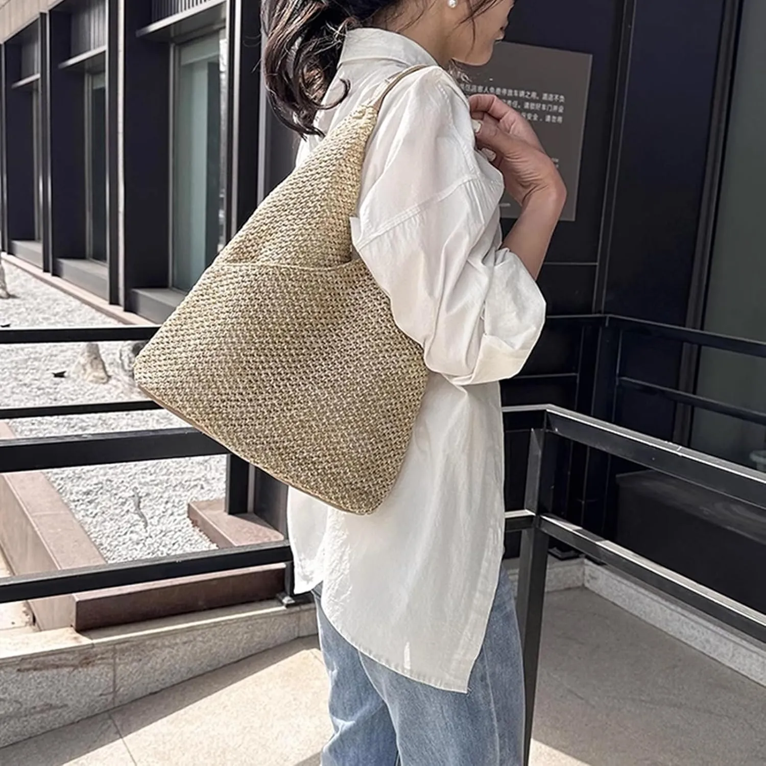 Women Large Straw Beach Bag, Handmade Woven Shoulder Bags, Summer Hobo Tote Handbag Purse for Beach, Vacation