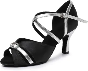 Women Latin Dance Shoes Open Toe Satin Professional Performance Salsa Bachata Ballroom Dance Shoes,Model QRX-LD2232