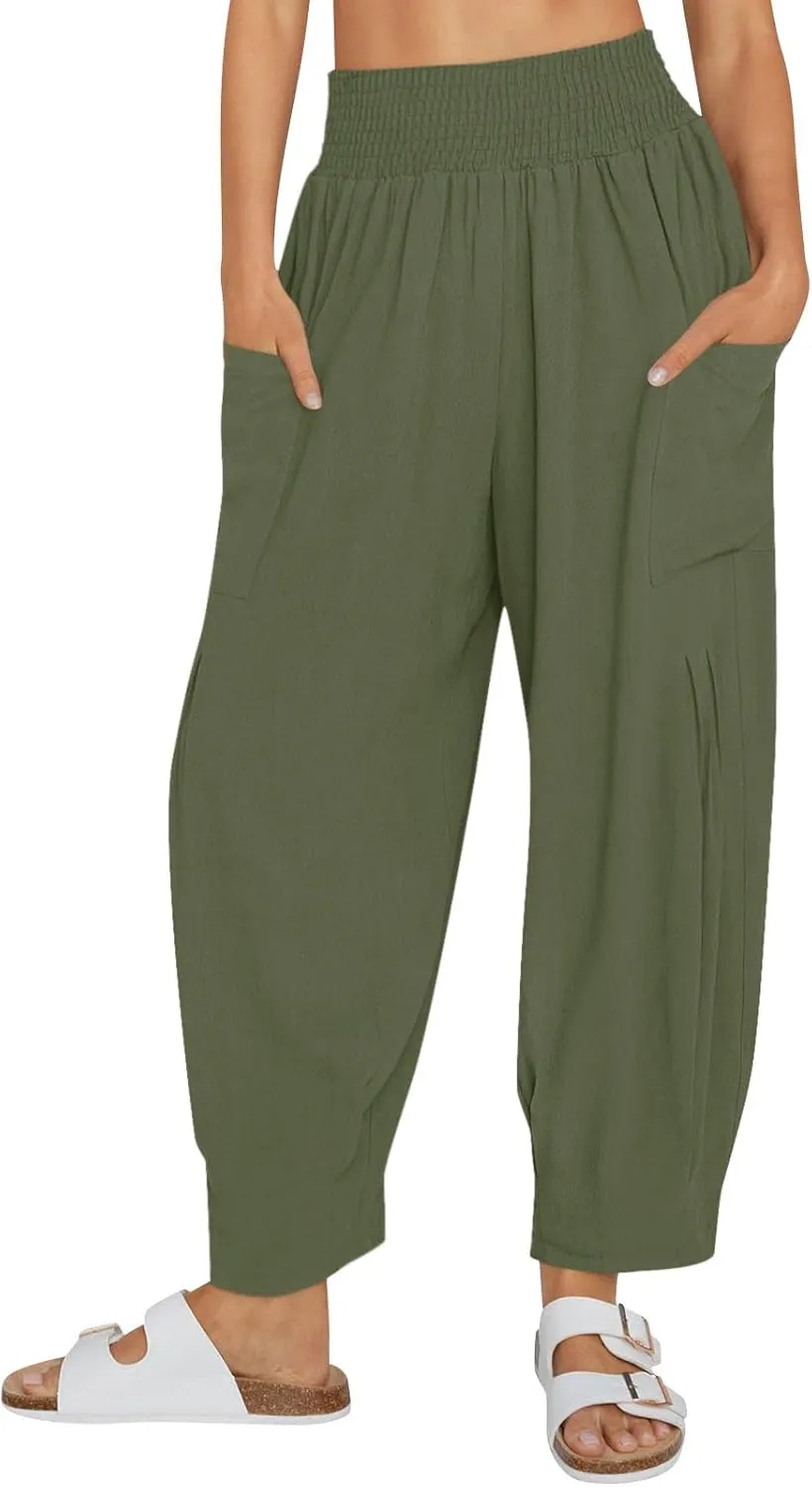 Women Linen Boho Pants Summer Casual Loose High Waist Cargo Lounge Harem Pant 2025 Beach Travel Vacation Slack Outfits
