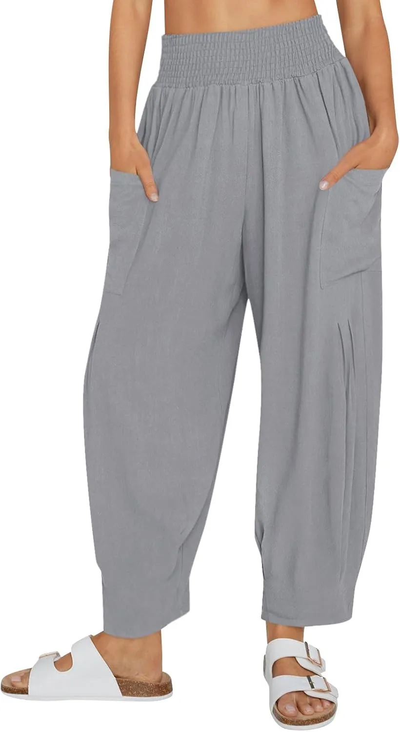 Women Linen Boho Pants Summer Casual Loose High Waist Cargo Lounge Harem Pant 2025 Beach Travel Vacation Slack Outfits