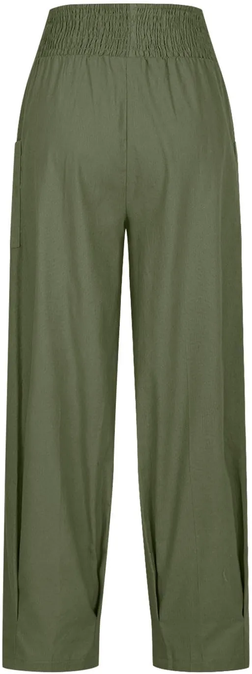 Women Linen Boho Pants Summer Casual Loose High Waist Cargo Lounge Harem Pant 2025 Beach Travel Vacation Slack Outfits