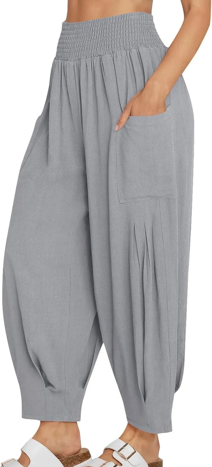 Women Linen Boho Pants Summer Casual Loose High Waist Cargo Lounge Harem Pant 2025 Beach Travel Vacation Slack Outfits