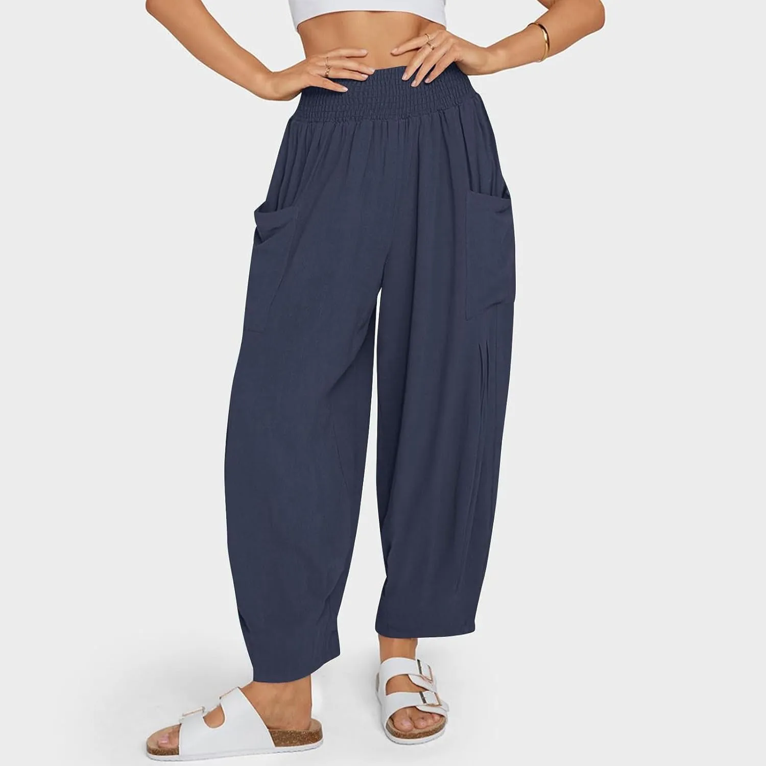 Women Linen Boho Pants Summer Casual Loose High Waist Cargo Lounge Harem Pant 2025 Beach Travel Vacation Slack Outfits