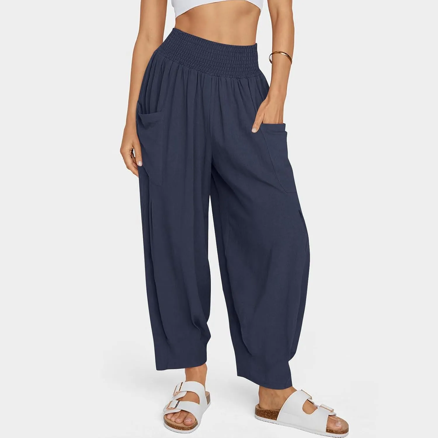 Women Linen Boho Pants Summer Casual Loose High Waist Cargo Lounge Harem Pant 2025 Beach Travel Vacation Slack Outfits