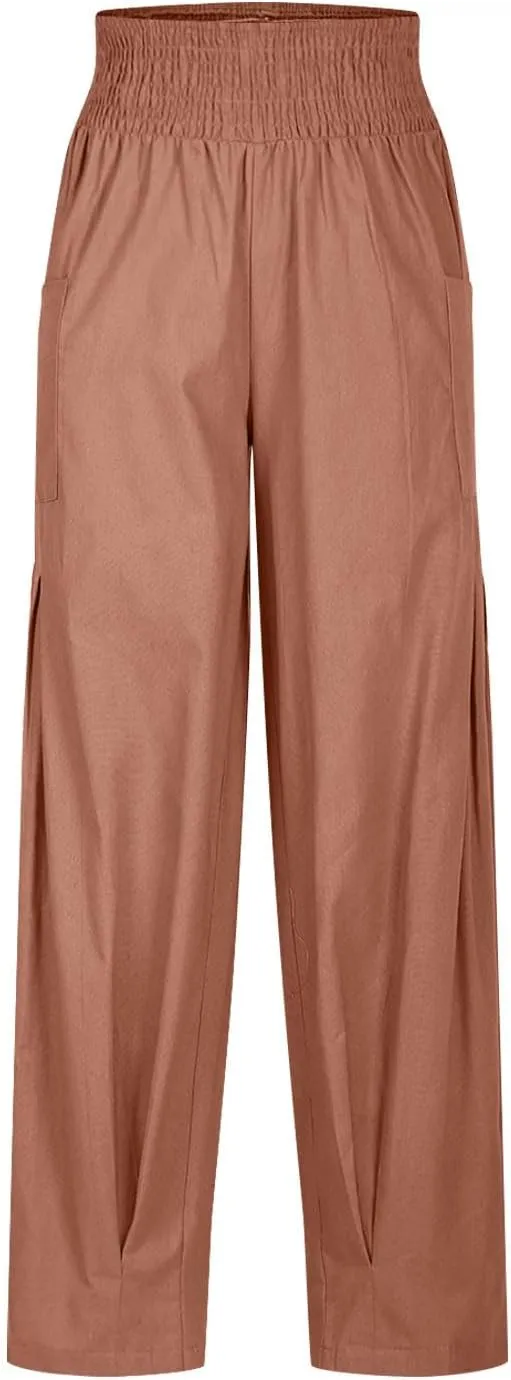 Women Linen Boho Pants Summer Casual Loose High Waist Cargo Lounge Harem Pant 2025 Beach Travel Vacation Slack Outfits