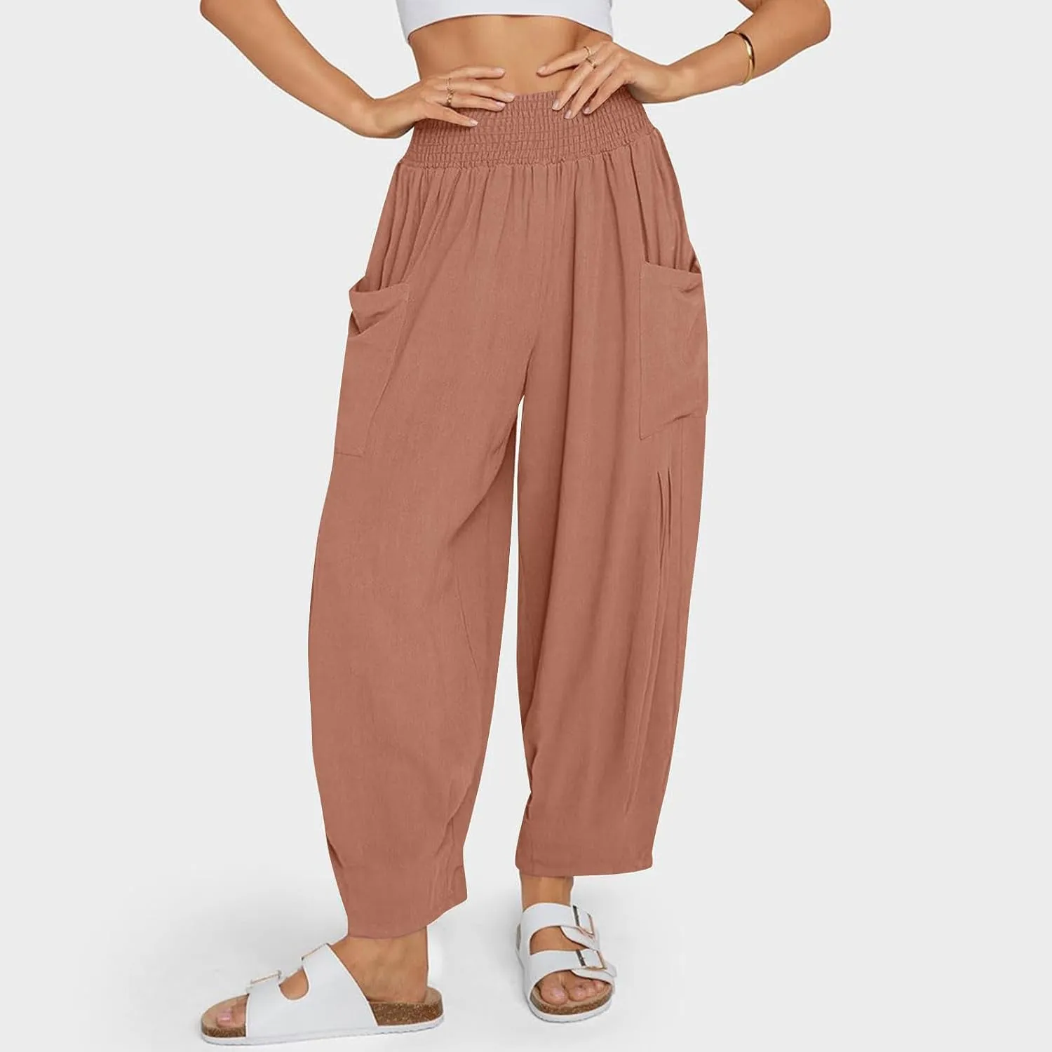 Women Linen Boho Pants Summer Casual Loose High Waist Cargo Lounge Harem Pant 2025 Beach Travel Vacation Slack Outfits