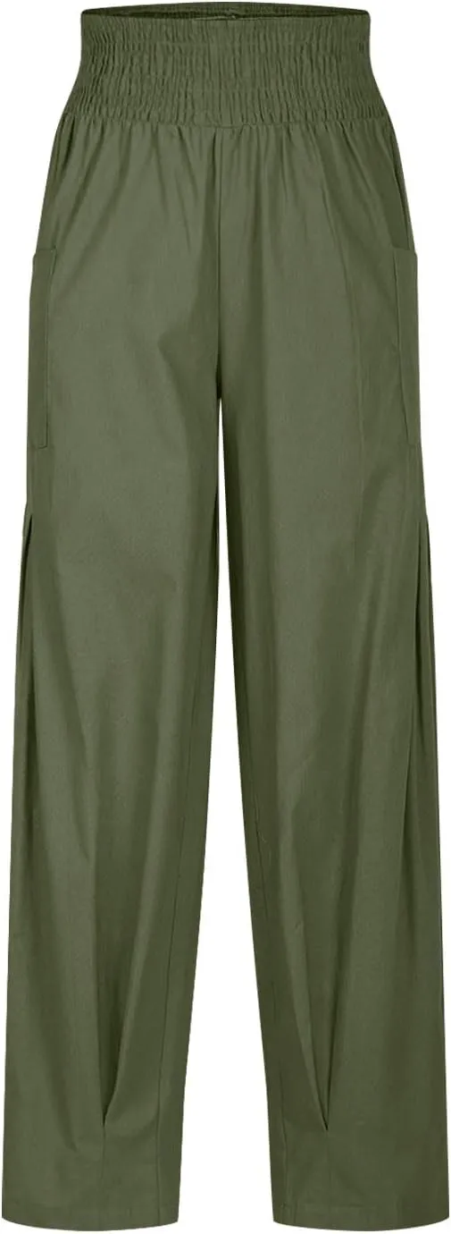 Women Linen Boho Pants Summer Casual Loose High Waist Cargo Lounge Harem Pant 2025 Beach Travel Vacation Slack Outfits
