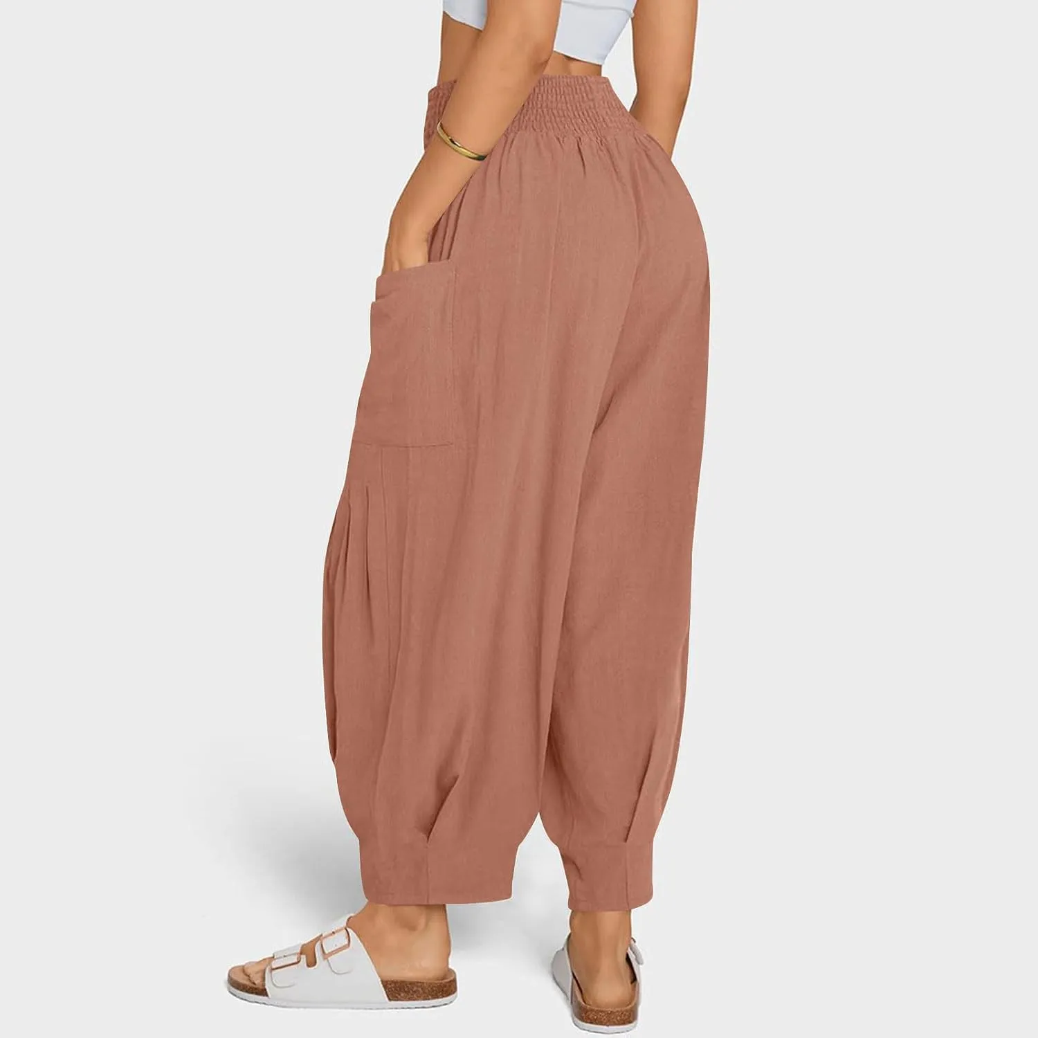 Women Linen Boho Pants Summer Casual Loose High Waist Cargo Lounge Harem Pant 2025 Beach Travel Vacation Slack Outfits