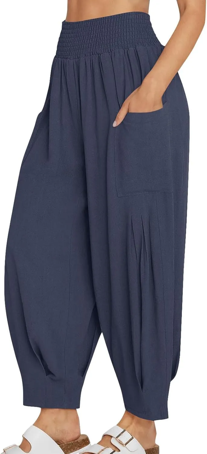 Women Linen Boho Pants Summer Casual Loose High Waist Cargo Lounge Harem Pant 2025 Beach Travel Vacation Slack Outfits