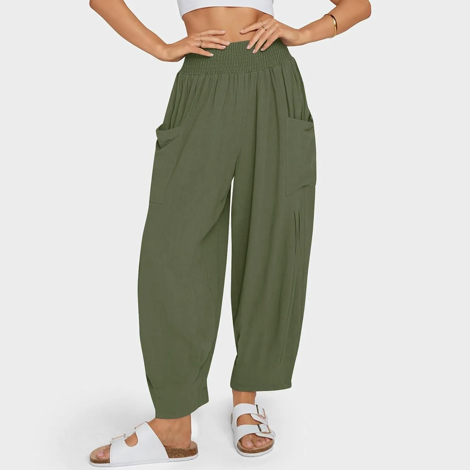 Women Linen Boho Pants Summer Casual Loose High Waist Cargo Lounge Harem Pant 2025 Beach Travel Vacation Slack Outfits