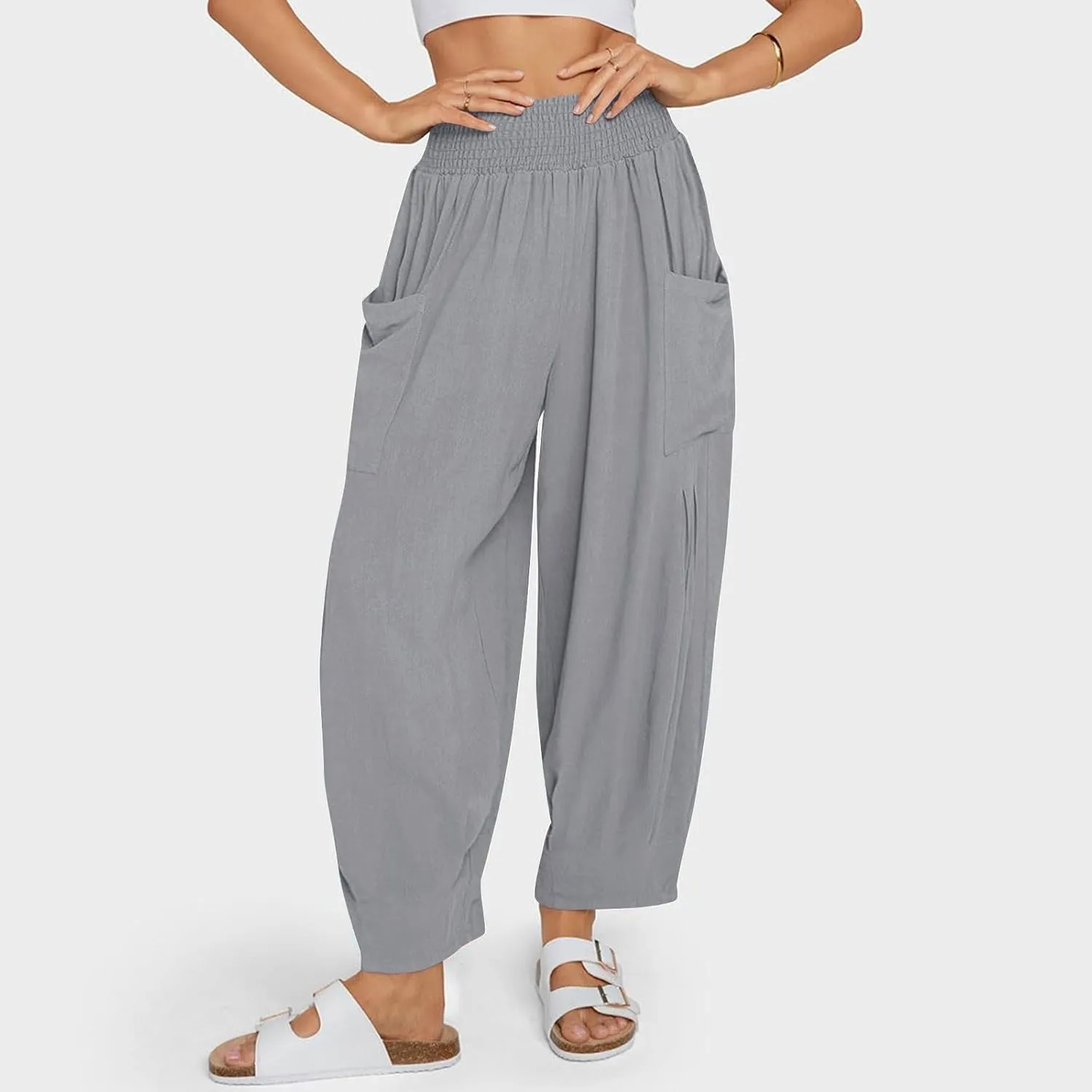 Women Linen Boho Pants Summer Casual Loose High Waist Cargo Lounge Harem Pant 2025 Beach Travel Vacation Slack Outfits
