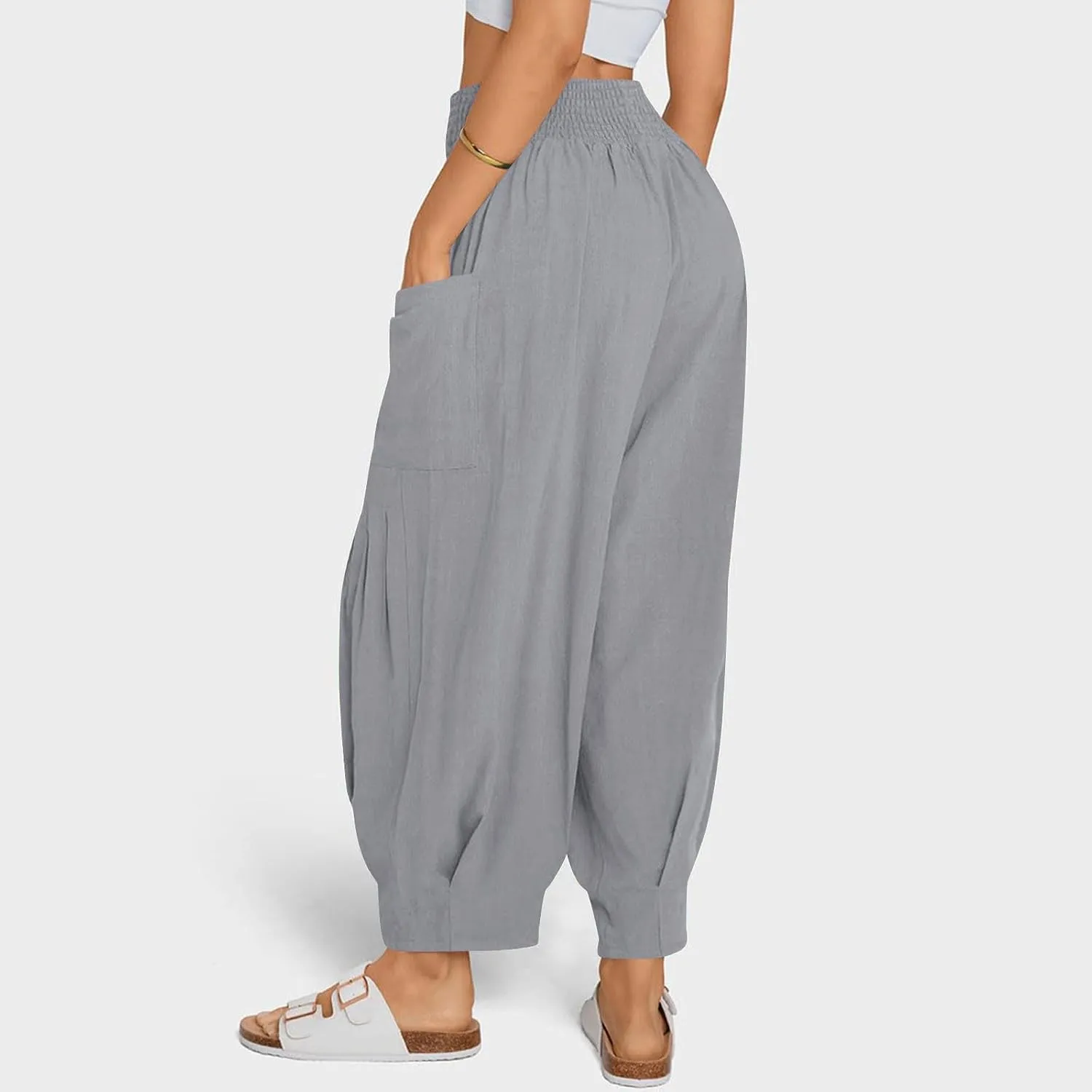 Women Linen Boho Pants Summer Casual Loose High Waist Cargo Lounge Harem Pant 2025 Beach Travel Vacation Slack Outfits