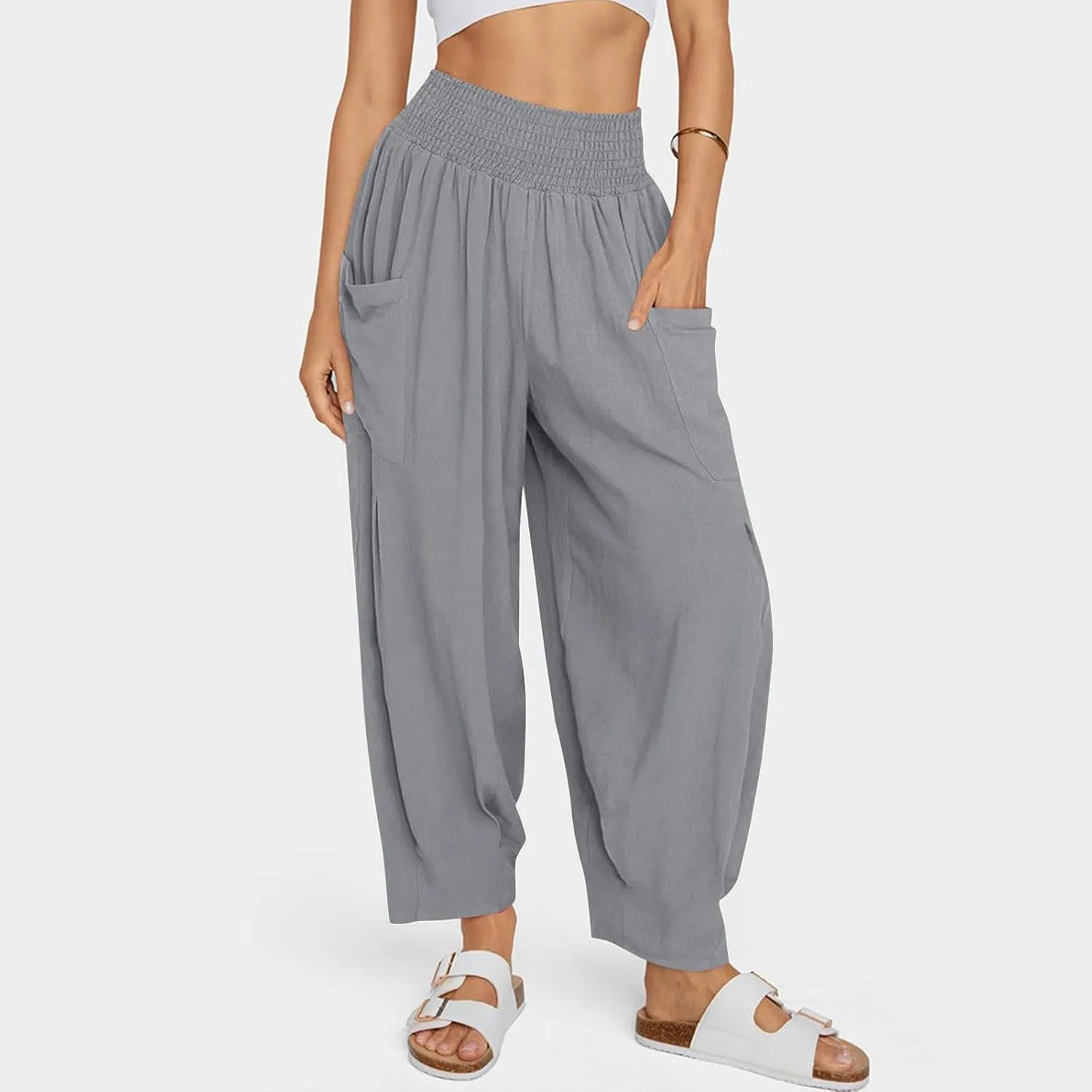 Women Linen Boho Pants Summer Casual Loose High Waist Cargo Lounge Harem Pant 2025 Beach Travel Vacation Slack Outfits
