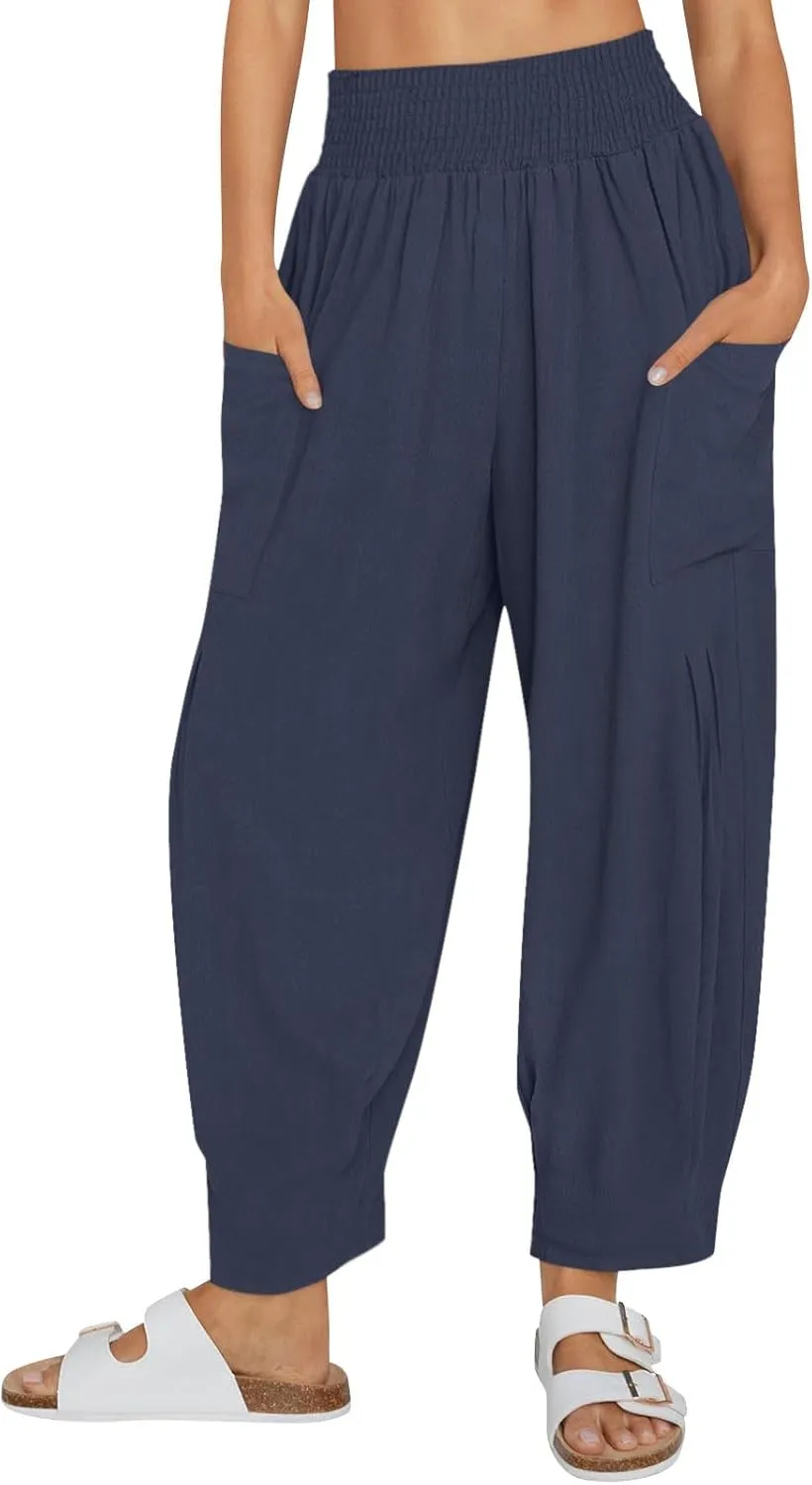 Women Linen Boho Pants Summer Casual Loose High Waist Cargo Lounge Harem Pant 2025 Beach Travel Vacation Slack Outfits