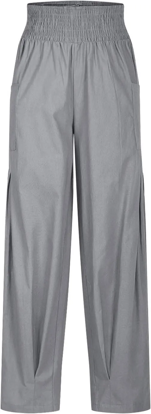 Women Linen Boho Pants Summer Casual Loose High Waist Cargo Lounge Harem Pant 2025 Beach Travel Vacation Slack Outfits