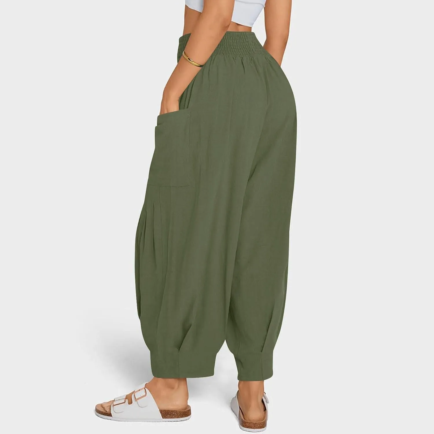 Women Linen Boho Pants Summer Casual Loose High Waist Cargo Lounge Harem Pant 2025 Beach Travel Vacation Slack Outfits
