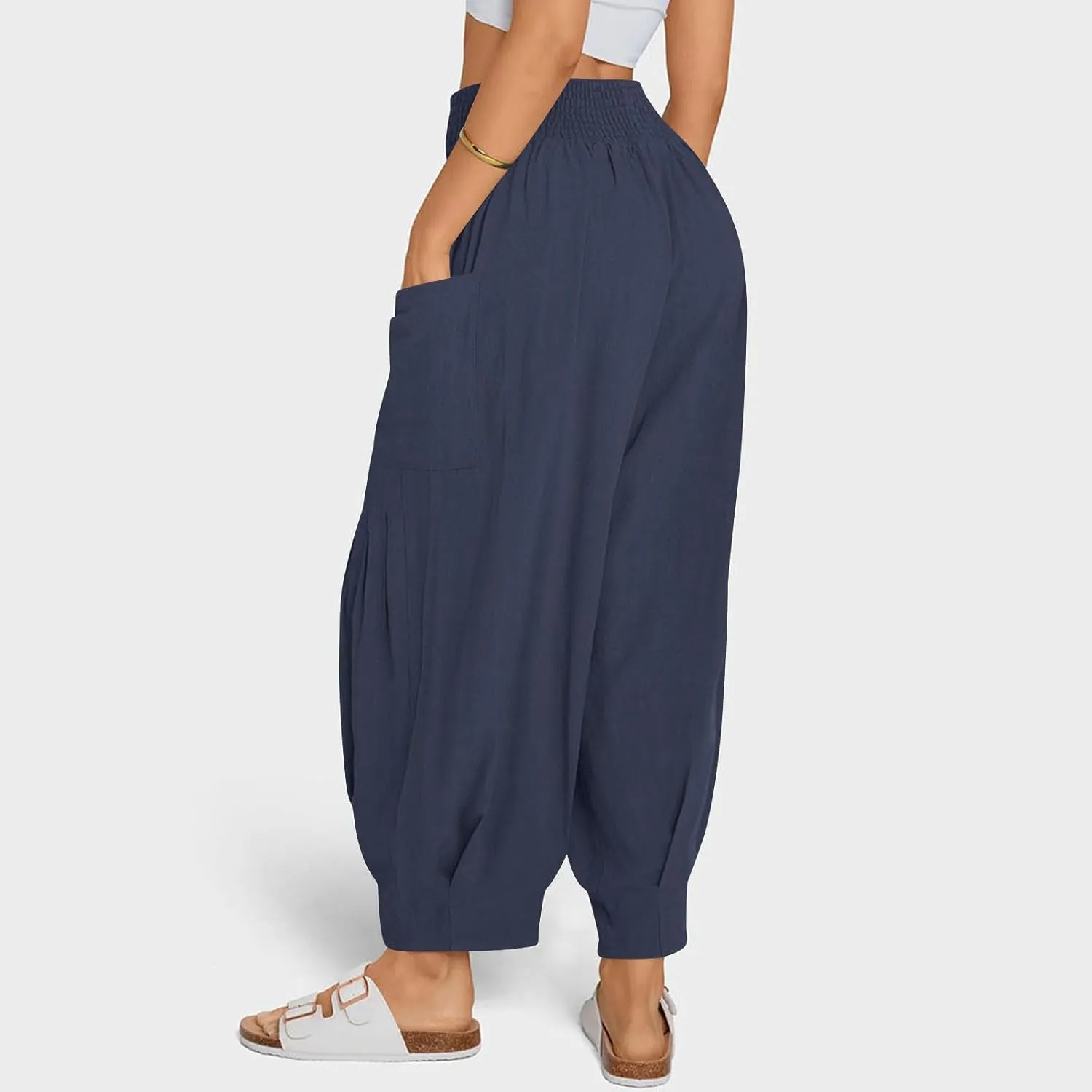 Women Linen Boho Pants Summer Casual Loose High Waist Cargo Lounge Harem Pant 2025 Beach Travel Vacation Slack Outfits